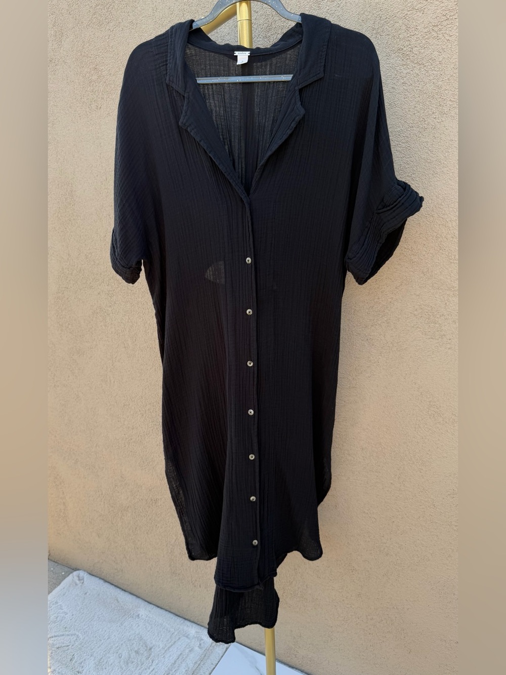 Anthropologie Lucia Sheer Cotton Button Front Midi Dress Beach Cover up Black XL